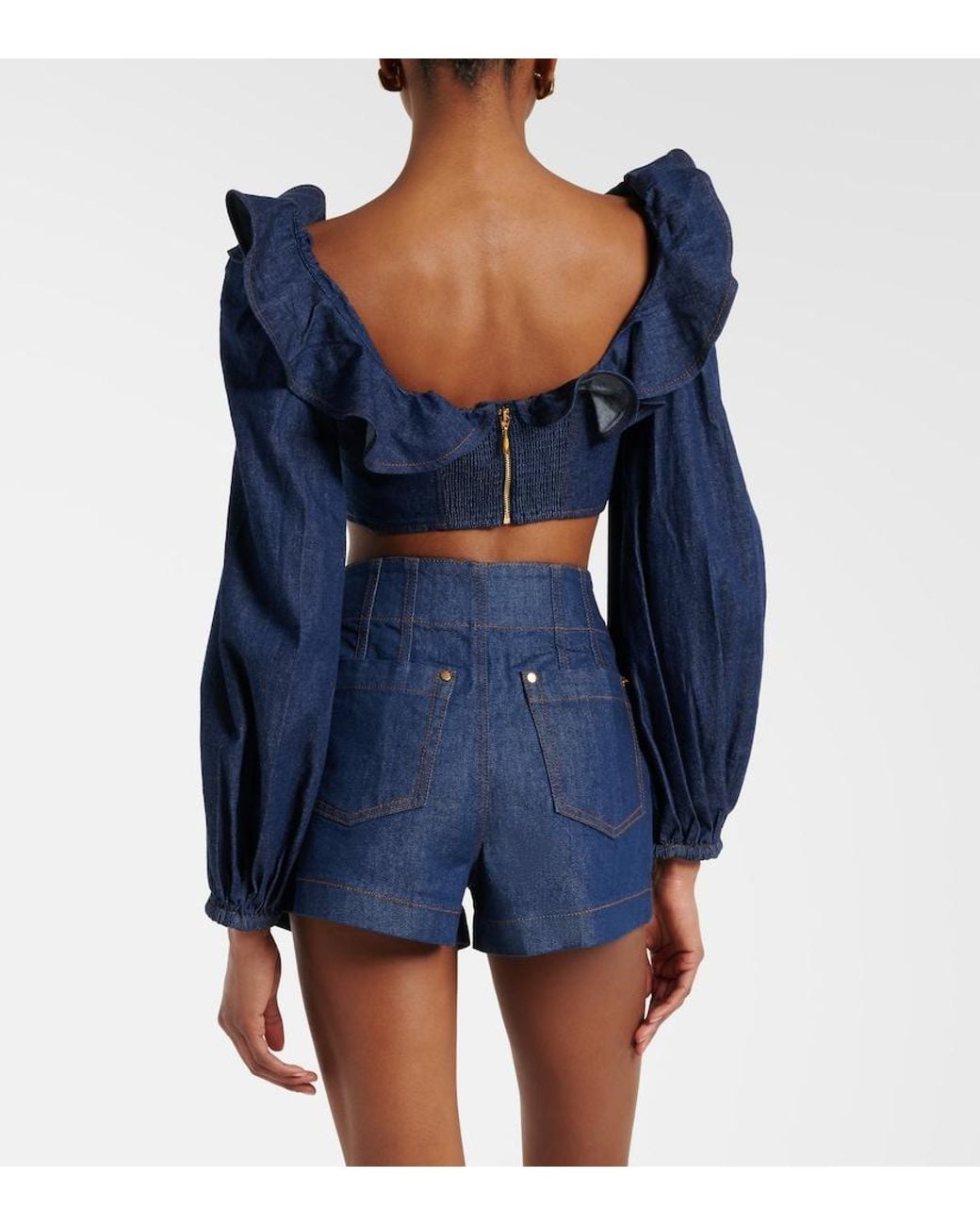 Zimmermann Blue Aster Ruffled Denim Crop Top