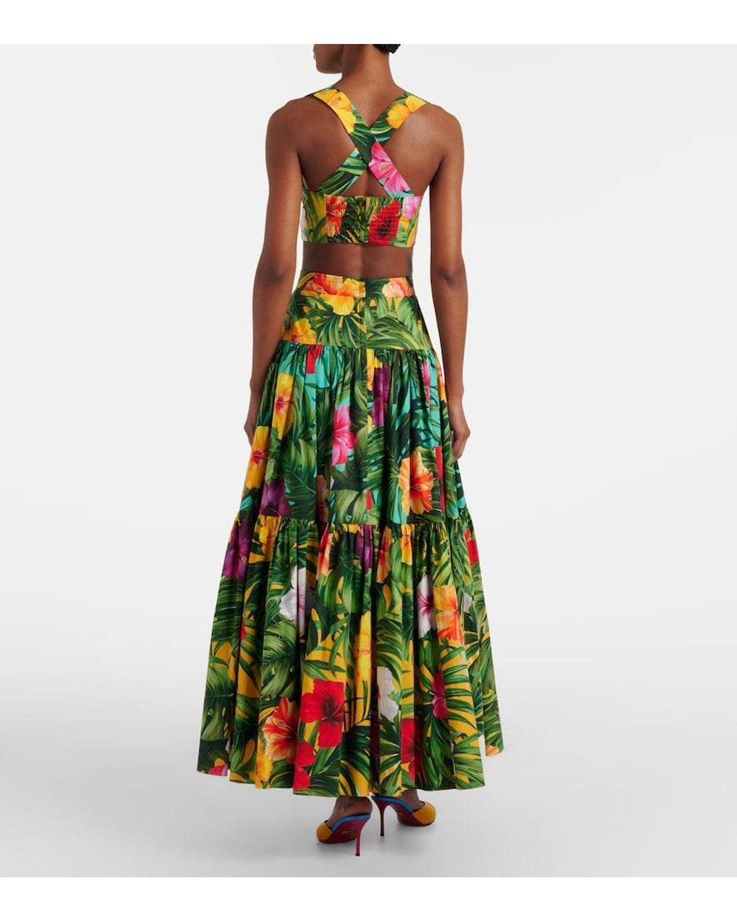 Dolce & Gabbana Green Floral Tiered Cotton Maxi Skirt