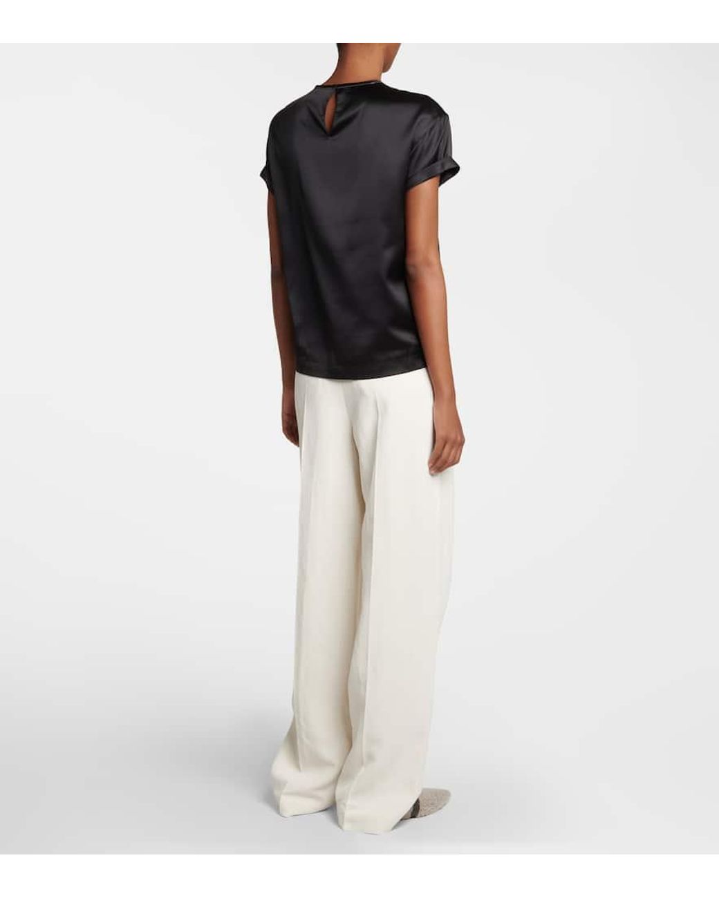 Brunello Cucinelli Black Embellished Silk-Blend Satin T-Shirt