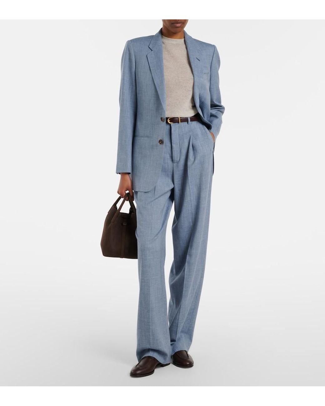 Loro Piana Blue Hector Wool, Silk, And Linen Wide-Leg Pants