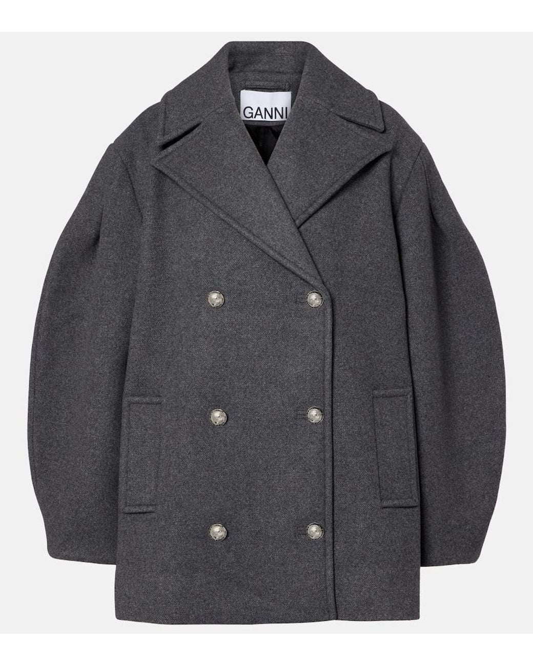 Ganni Gray Oversized Wool-Blend Peacoat