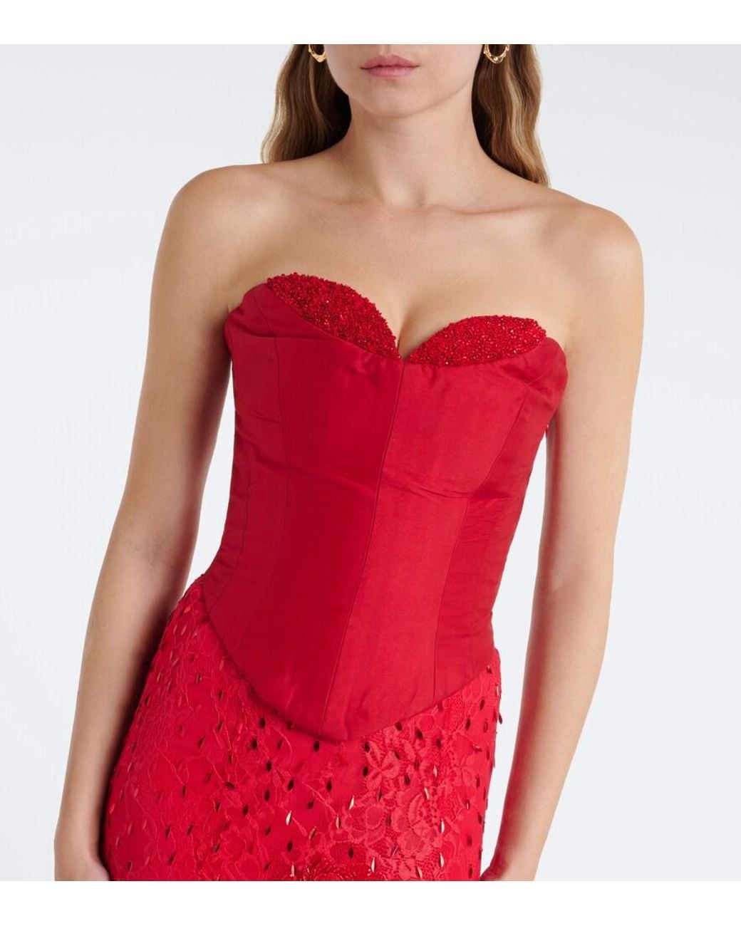La Fuori Red Embellished Lace Bustier Gown