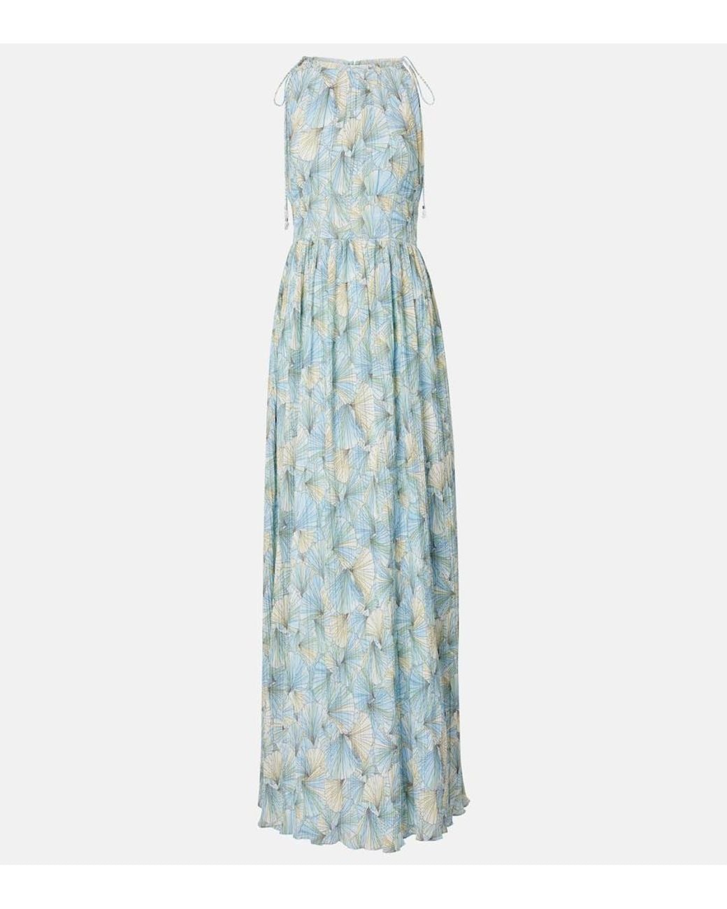 Veronica Beard Blue Yardley Floral Pleated Chiffon Gown