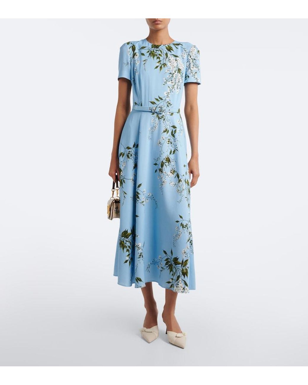 Monique Lhuillier Blue Floral Belted Midi Dress