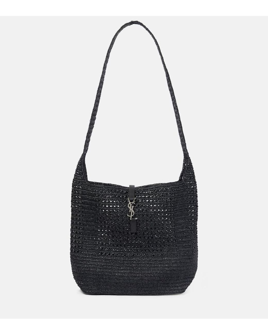 Saint Laurent Black Le 5 A 7 Medium Raffia Shoulder Bag