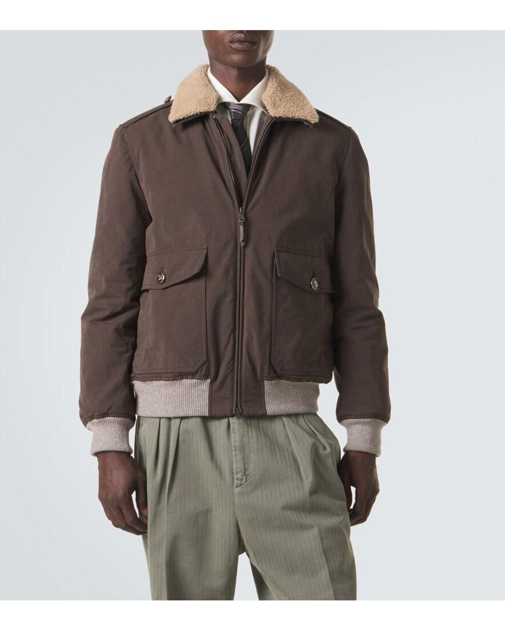 Brunello Cucinelli Brown Shearling-Trimmed Blouson Jacket for men