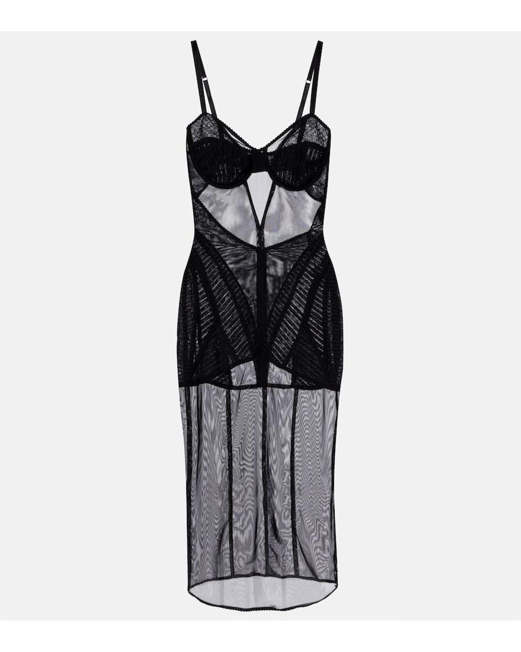 Dolce & Gabbana Black Ruched Sheer Tulle Midi Dress