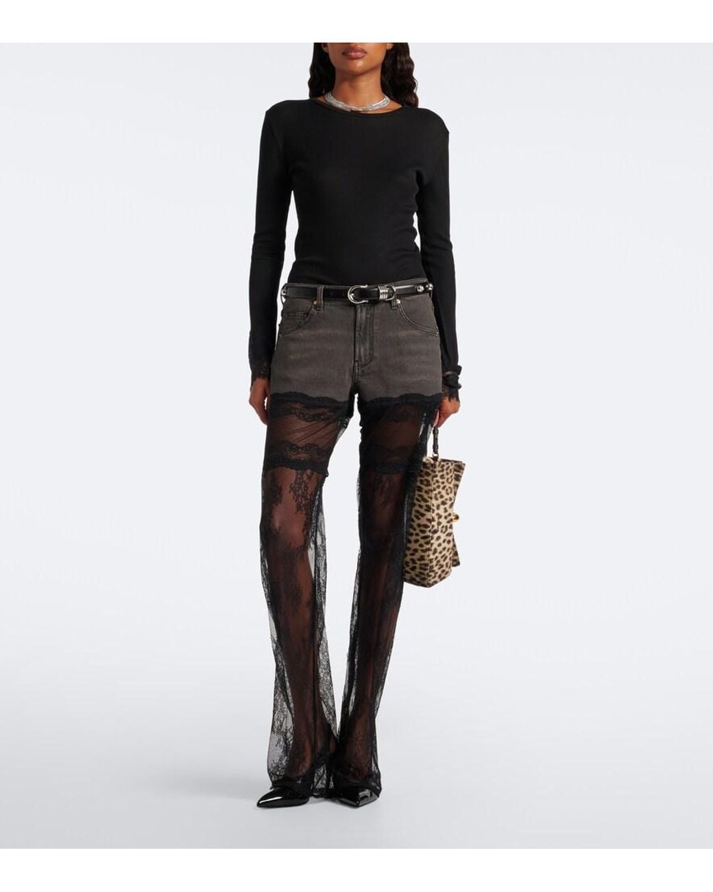 Blumarine Gray Lace-Trimmed Wide-Leg Jeans