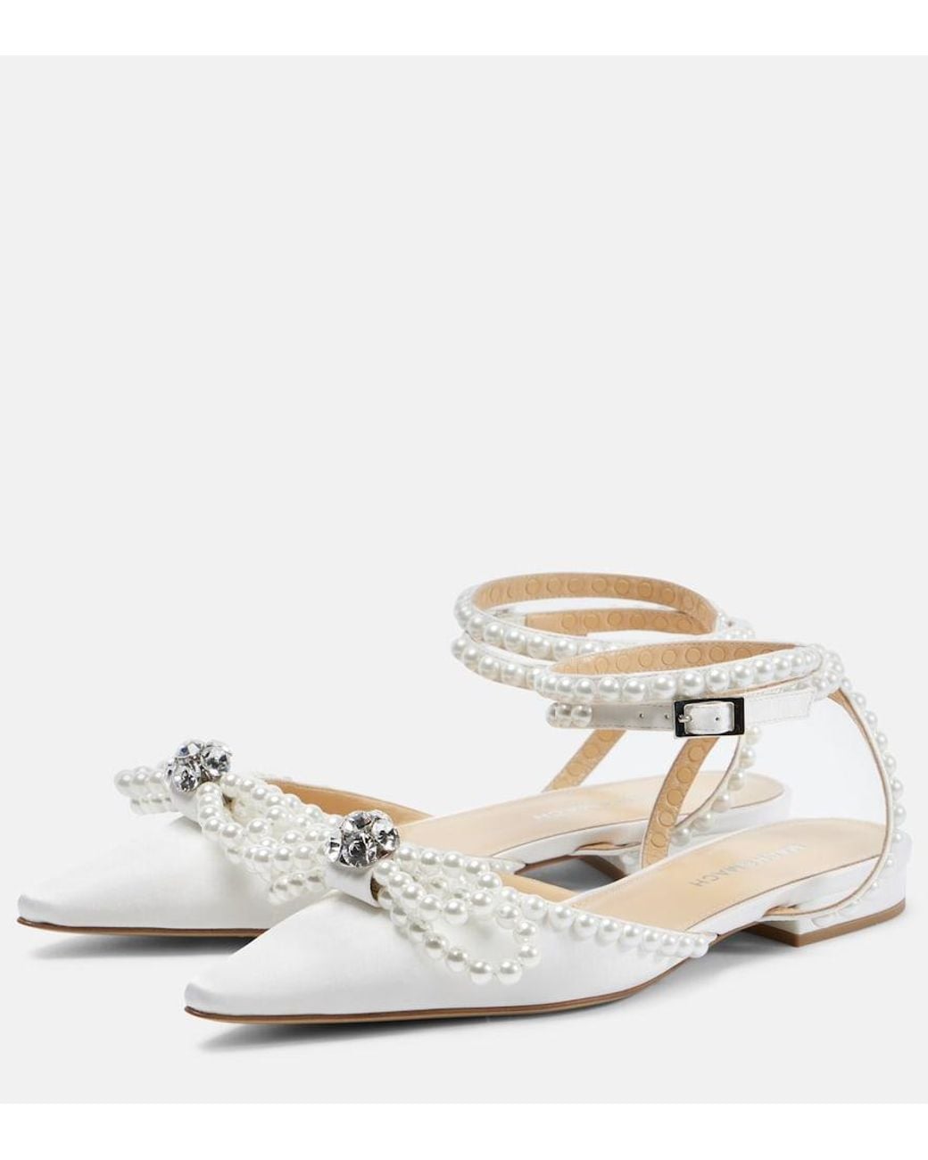 Mach & Mach White Double Bow Embellished Satin Ballet Flats