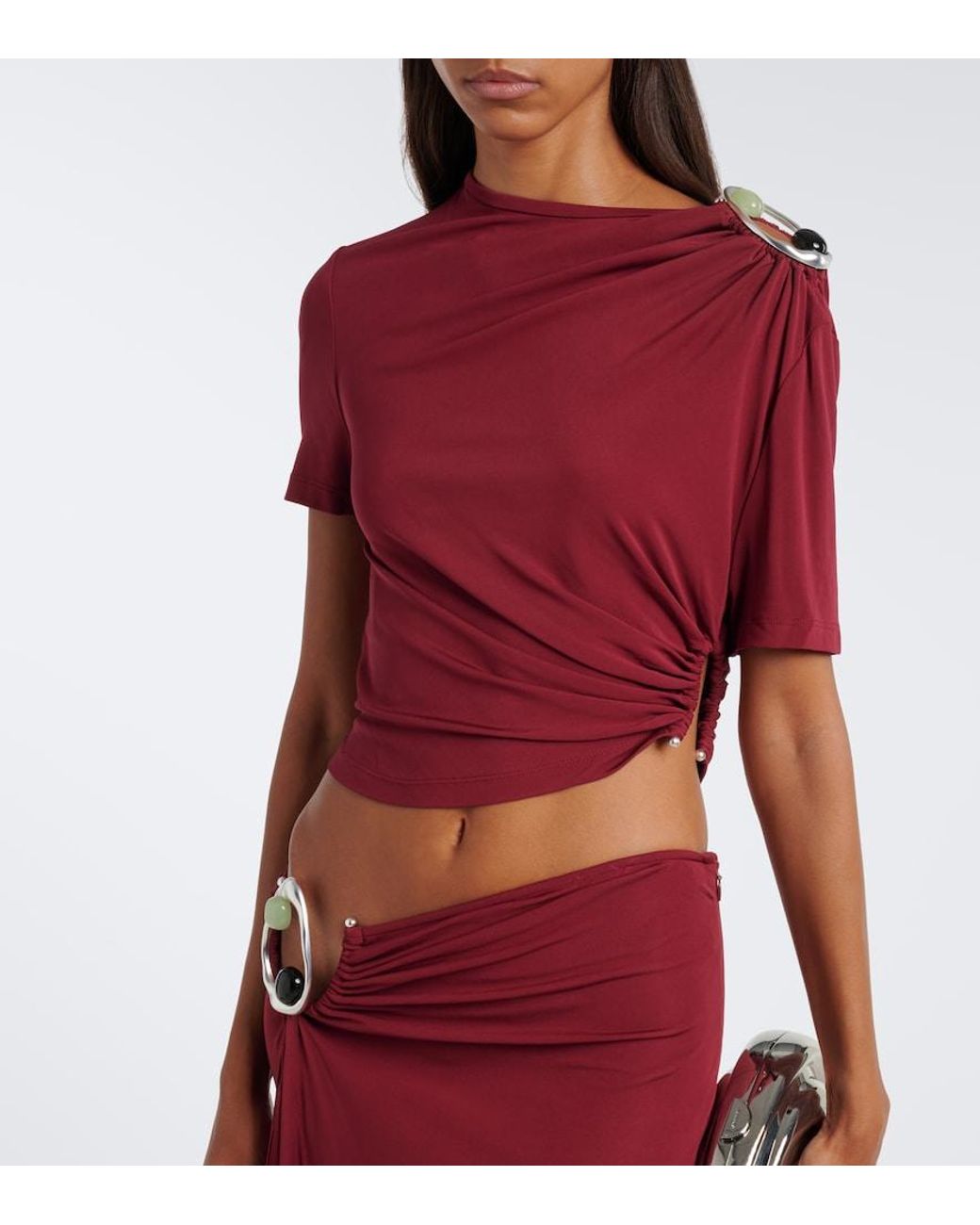 Christopher Esber Red Orica Crystal Ruched Jersey Crop Top