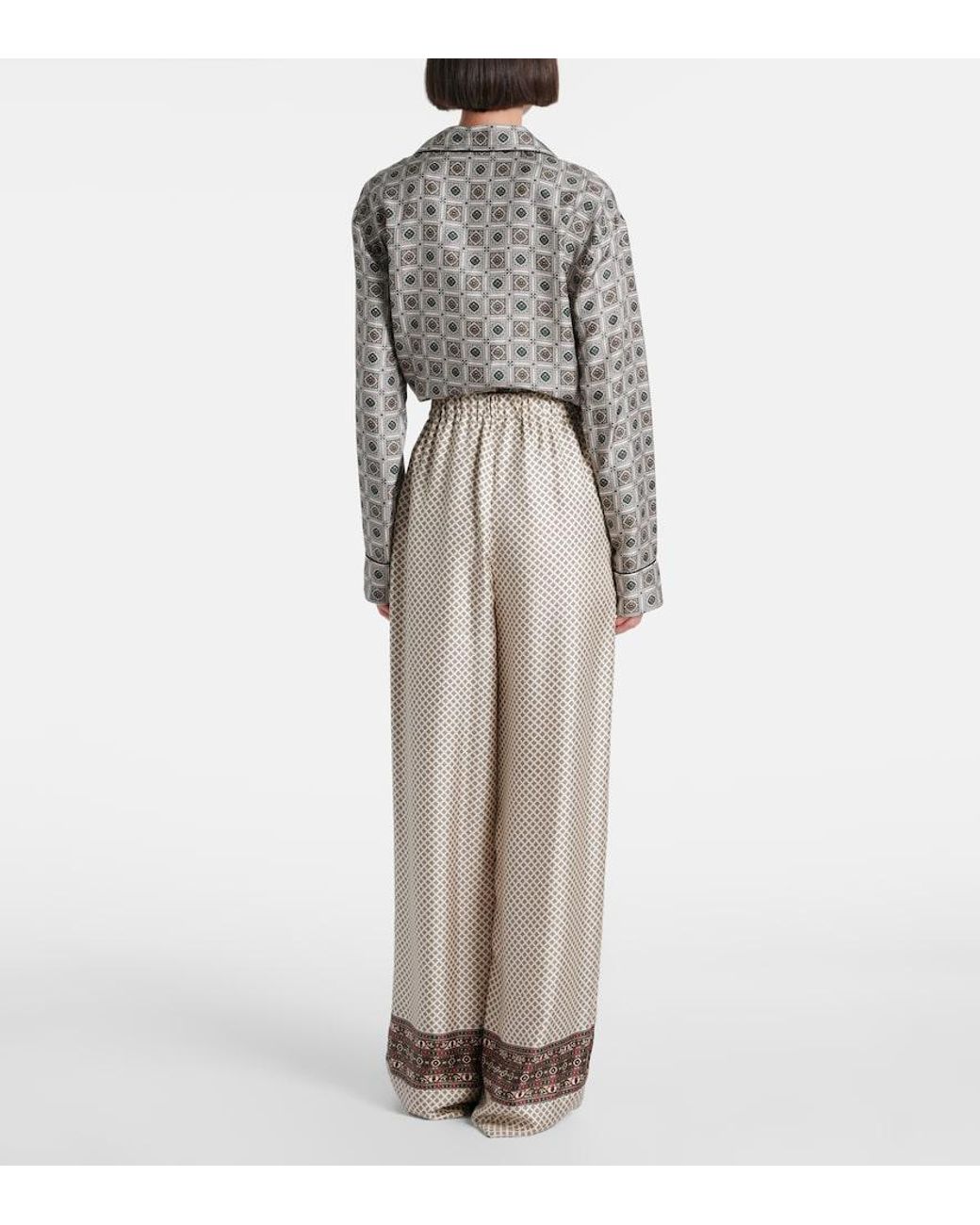 Loro Piana Gray Valerio Printed Silk Twill Wide-Leg Pants