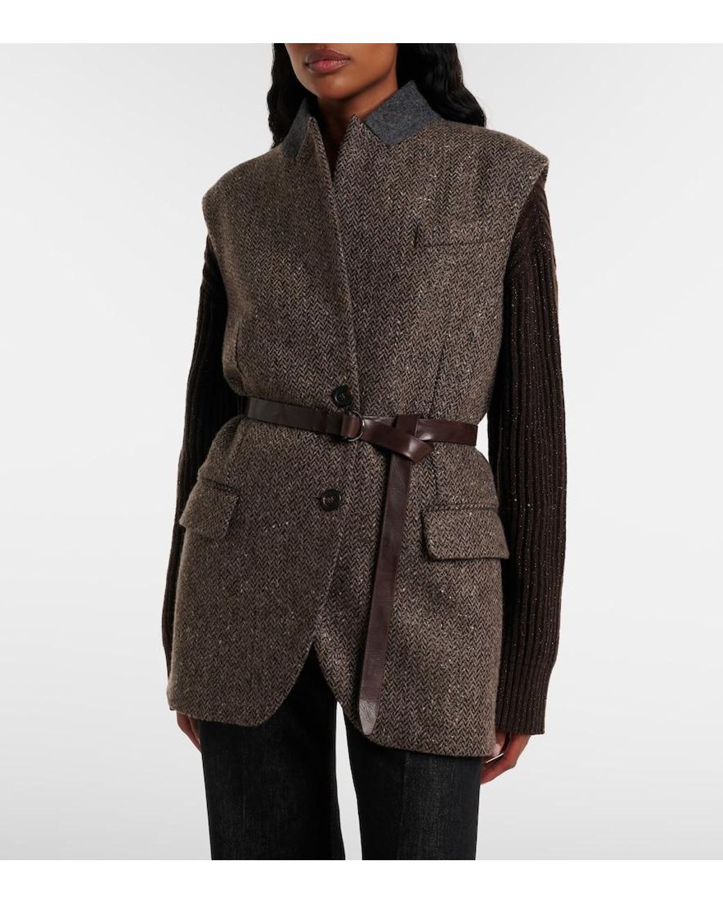 Brunello Cucinelli Gray Monili Herringbone Sequined Wool-Blend Vest