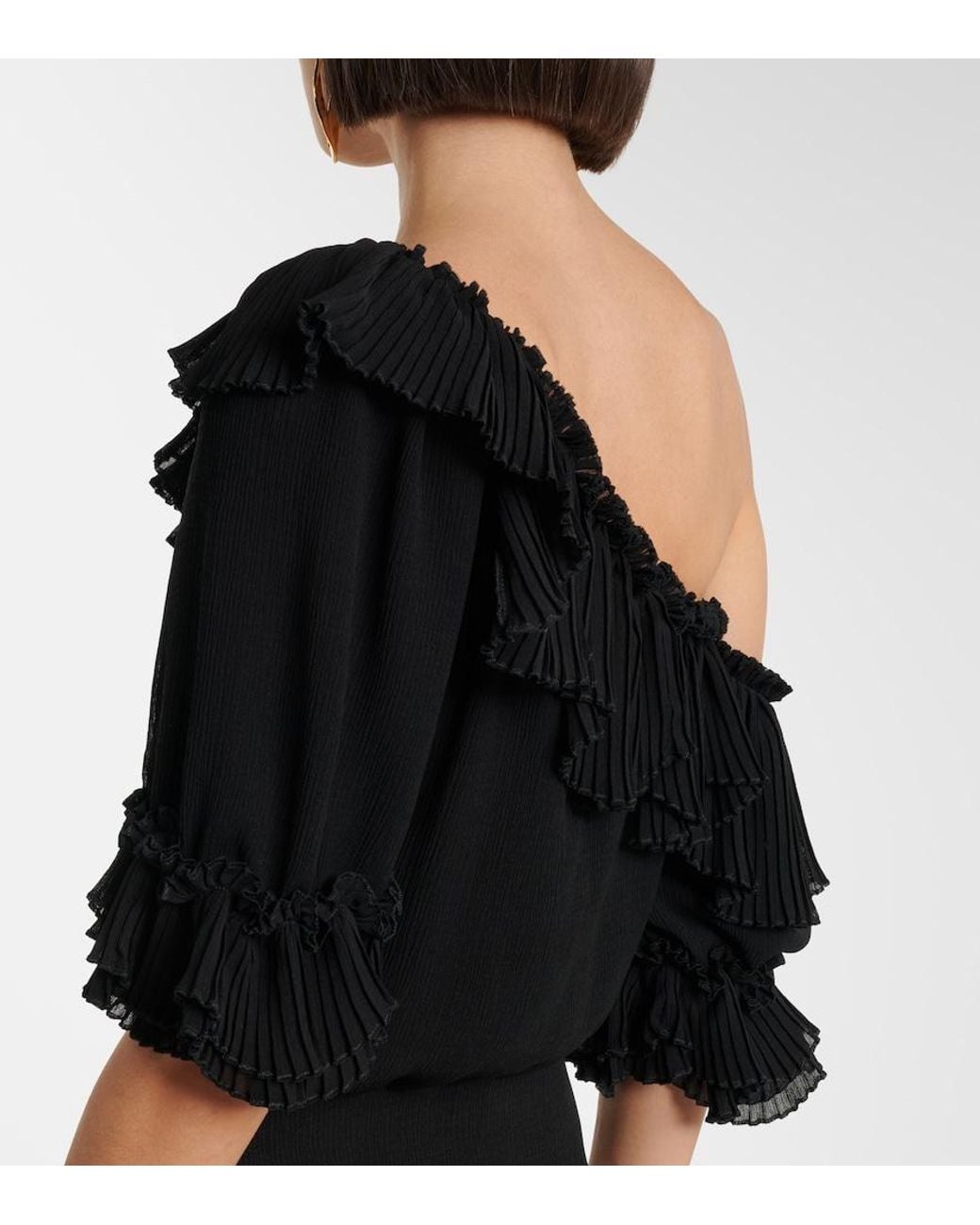 Saint Laurent Black Ruffled Silk Crepon Minidress