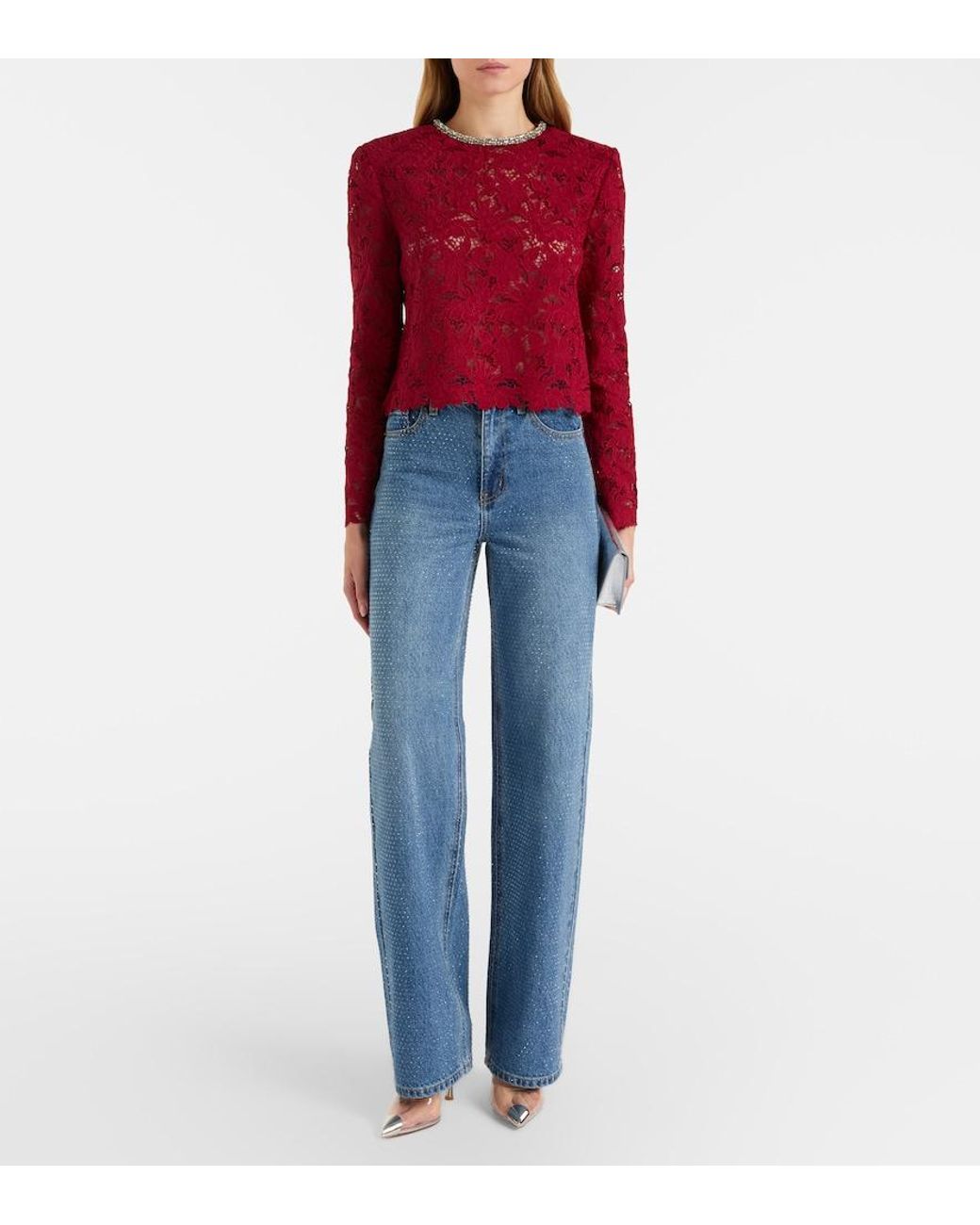 Self-Portrait Red Embellished Guipure Lace Top