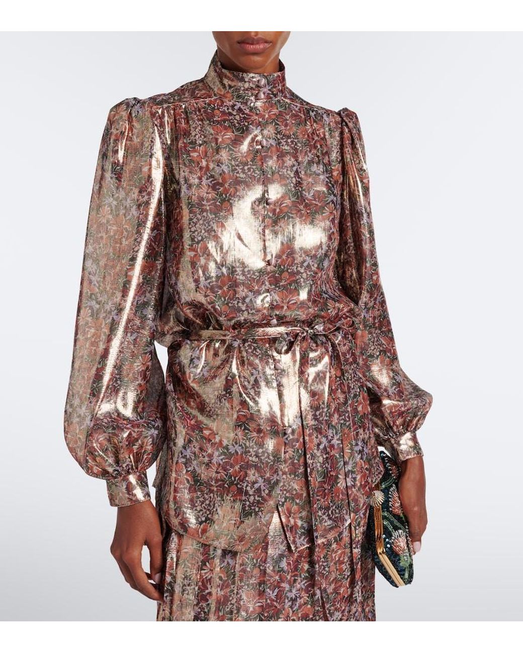 Valentino Garavani Brown Floral Silk-Blend Lame Blouse