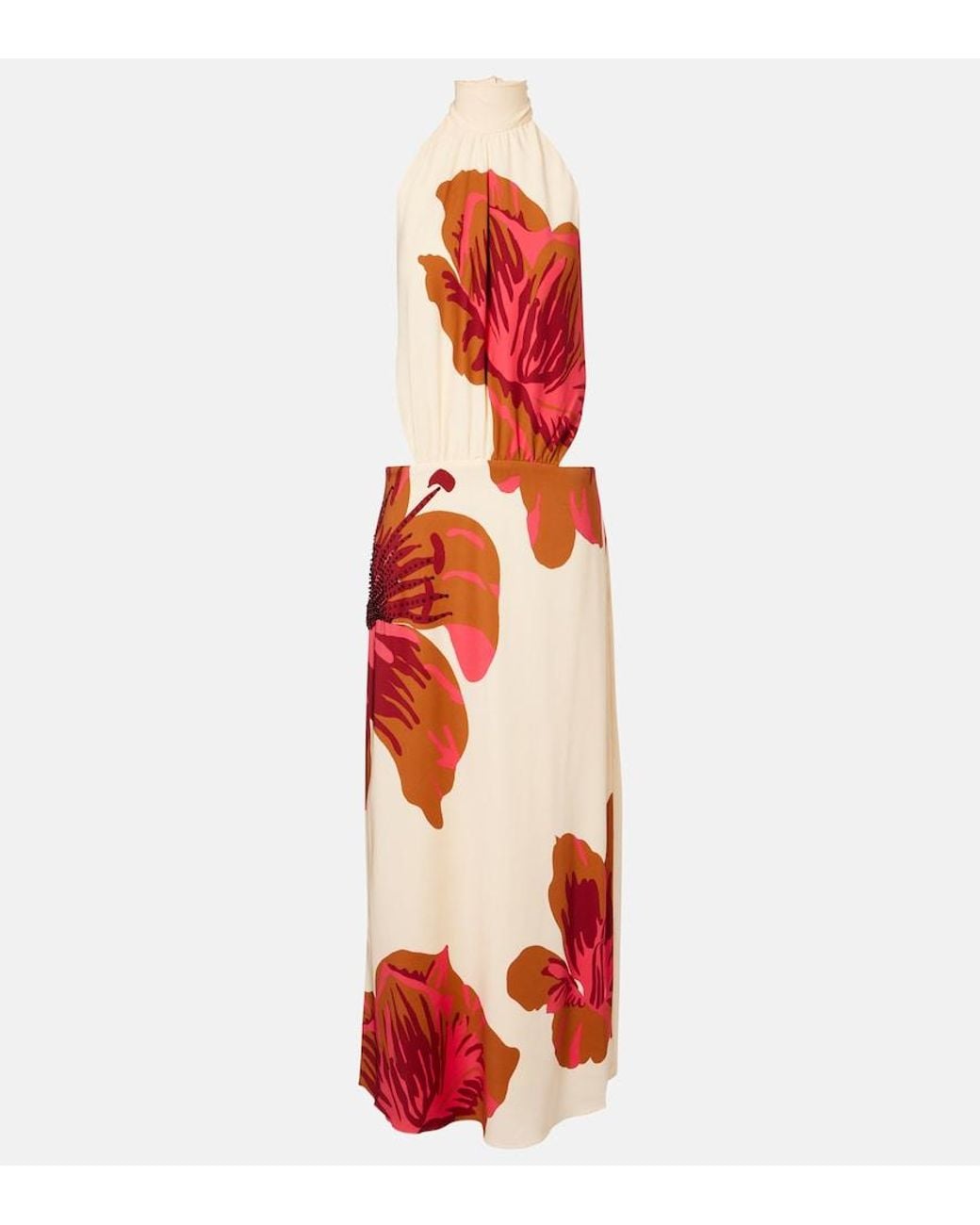 Johanna Ortiz Red Floral Halterneck Silk Crepe Maxi Dress