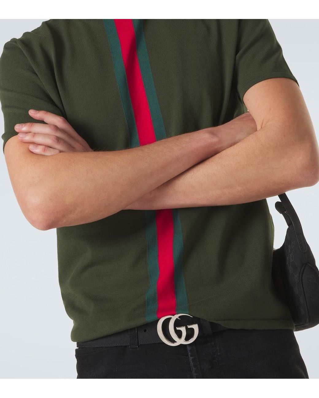 Gucci Green Web Stripe Knitted Cotton T-Shirt for men