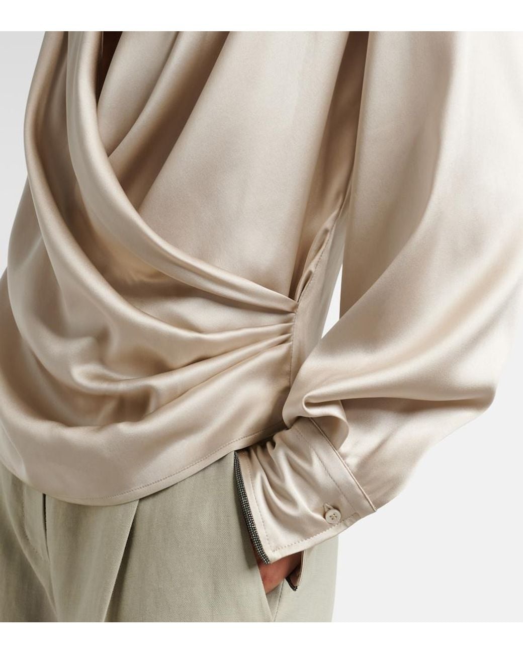 Brunello Cucinelli Gray Draped Silk-Blend Satin Blouse