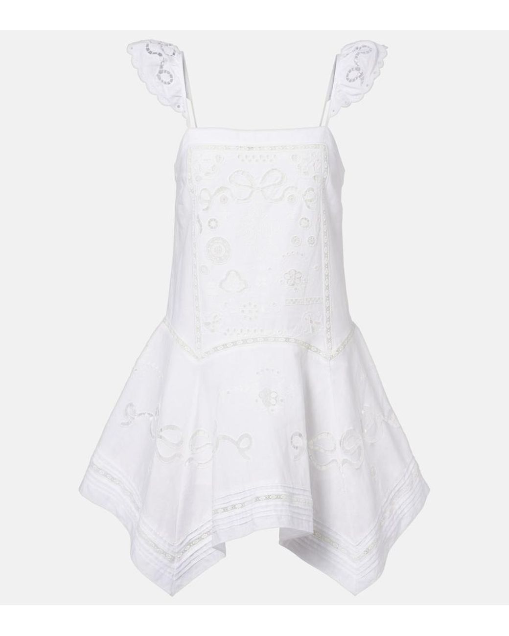 Self-Portrait White Embroidered Linen And Cotton Poplin Minidress