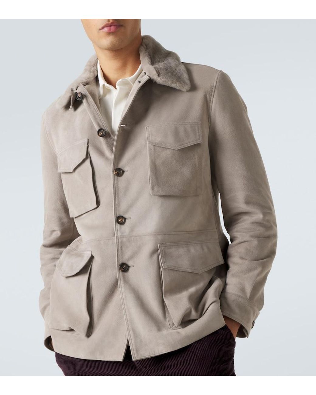 Eleventy Natural Shearling-Trimmed Suede Field Jacket for men