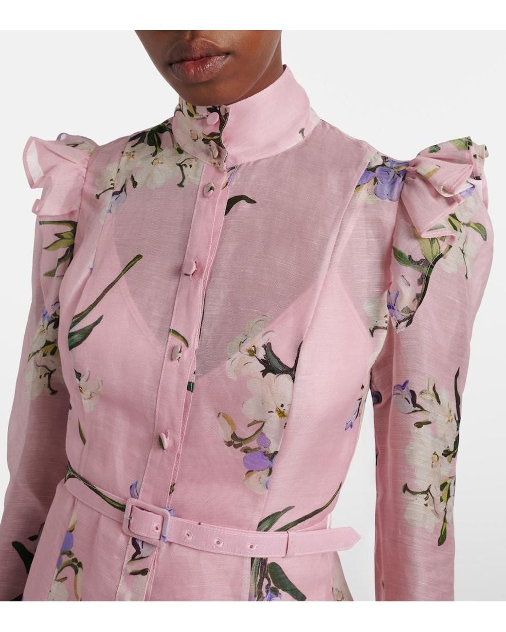 LEO LIN Pink Katrina Floral Linen And Silk Midi Dress