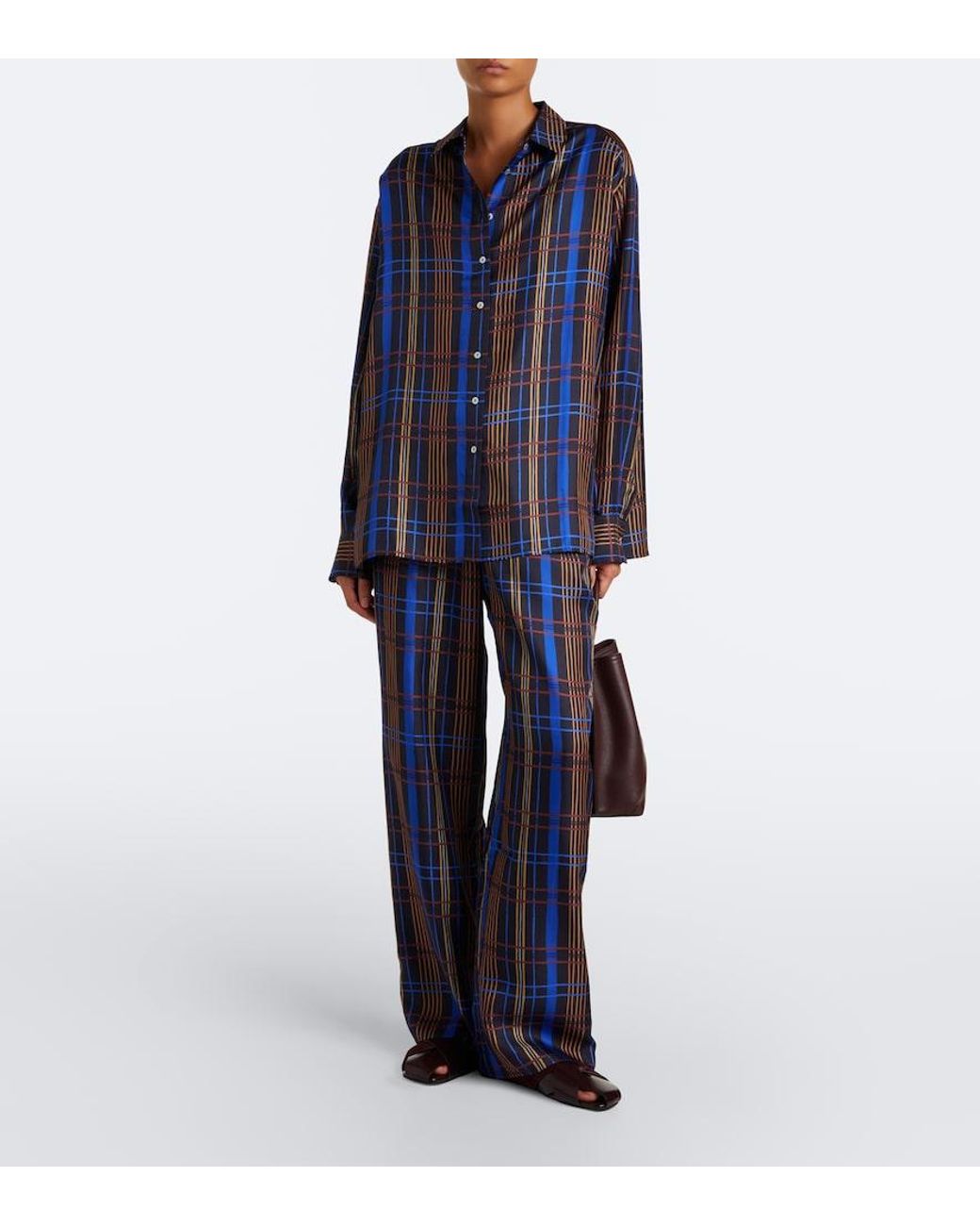 Asceno Blue Aurelia Plaid Silk Twill Wide-Leg Pants