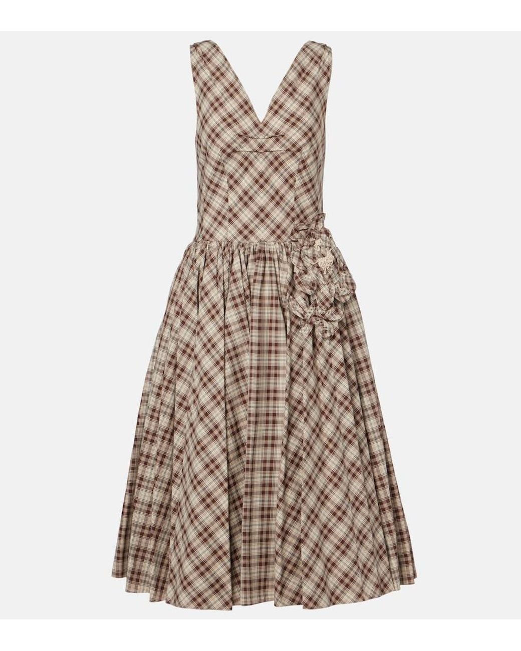 Prada Brown Checked Cotton Poplin Midi Dress