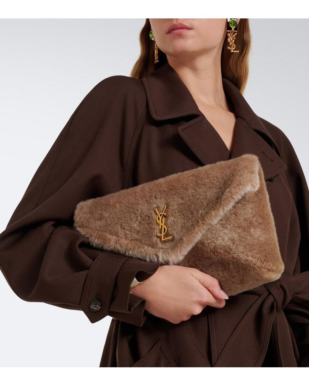 Saint Laurent Natural Cassandre Large Shearling Clutch