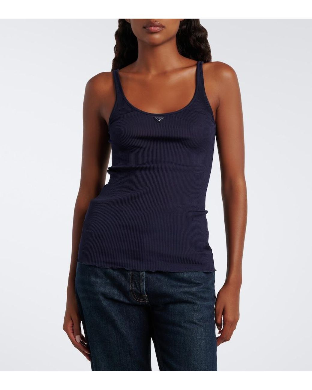 Prada Blue Ribbed-Knit Silk Tank Top