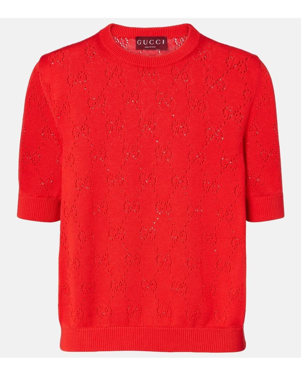 Gucci Red Gg Pointelle Silk And Cotton Sweater