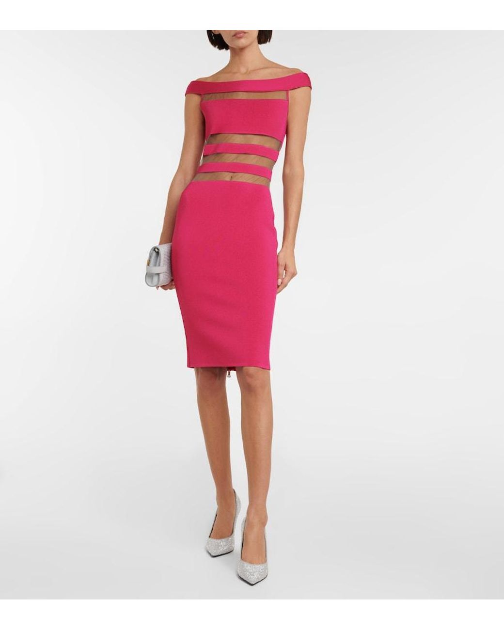 Balmain Pink Off-Shoulder Mesh-Paneled Minidress