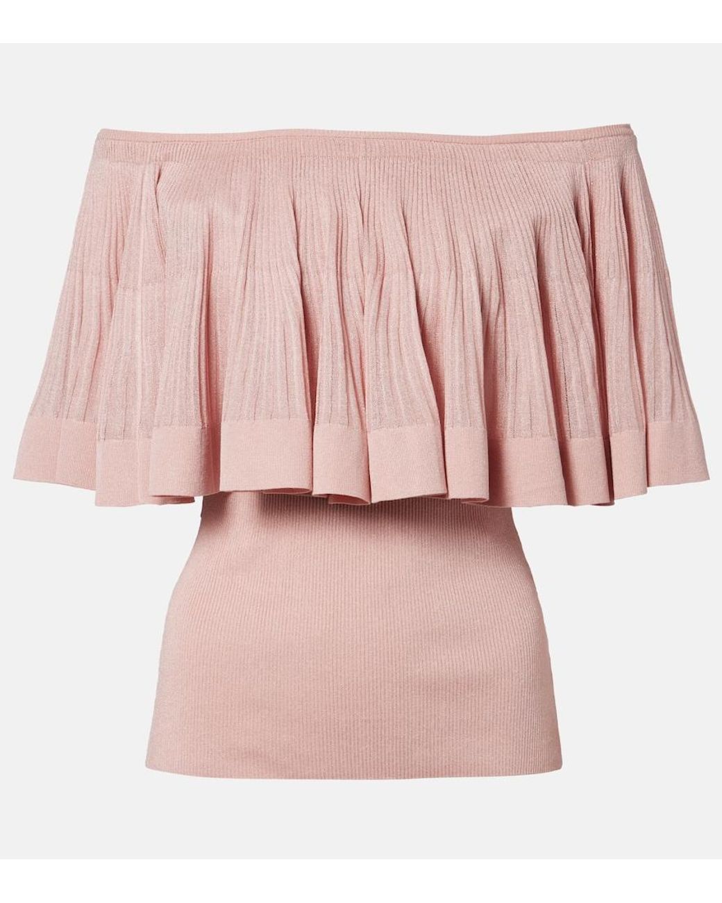 Zimmermann Pink Luna Knitted Ruffled Off-Shoulder Top