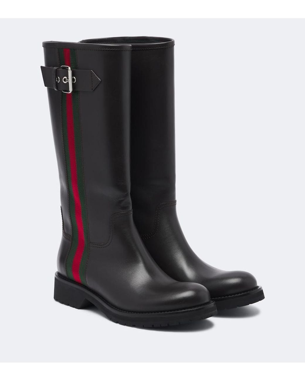 Gucci Black Web Stripe Leather Biker Boots