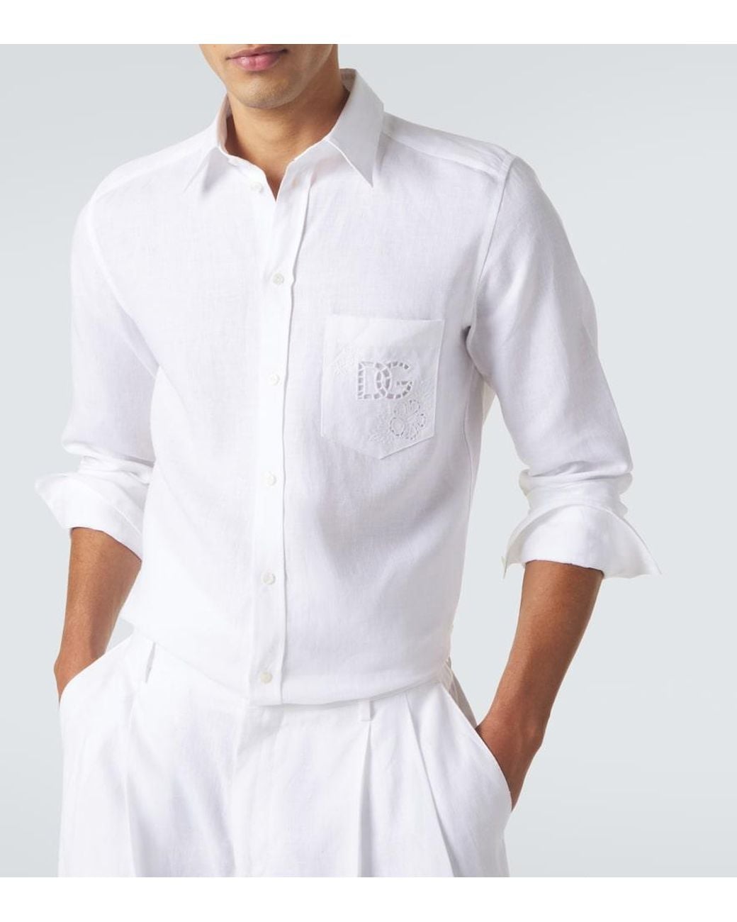 Dolce & Gabbana White Embroidered Linen Shirt for men
