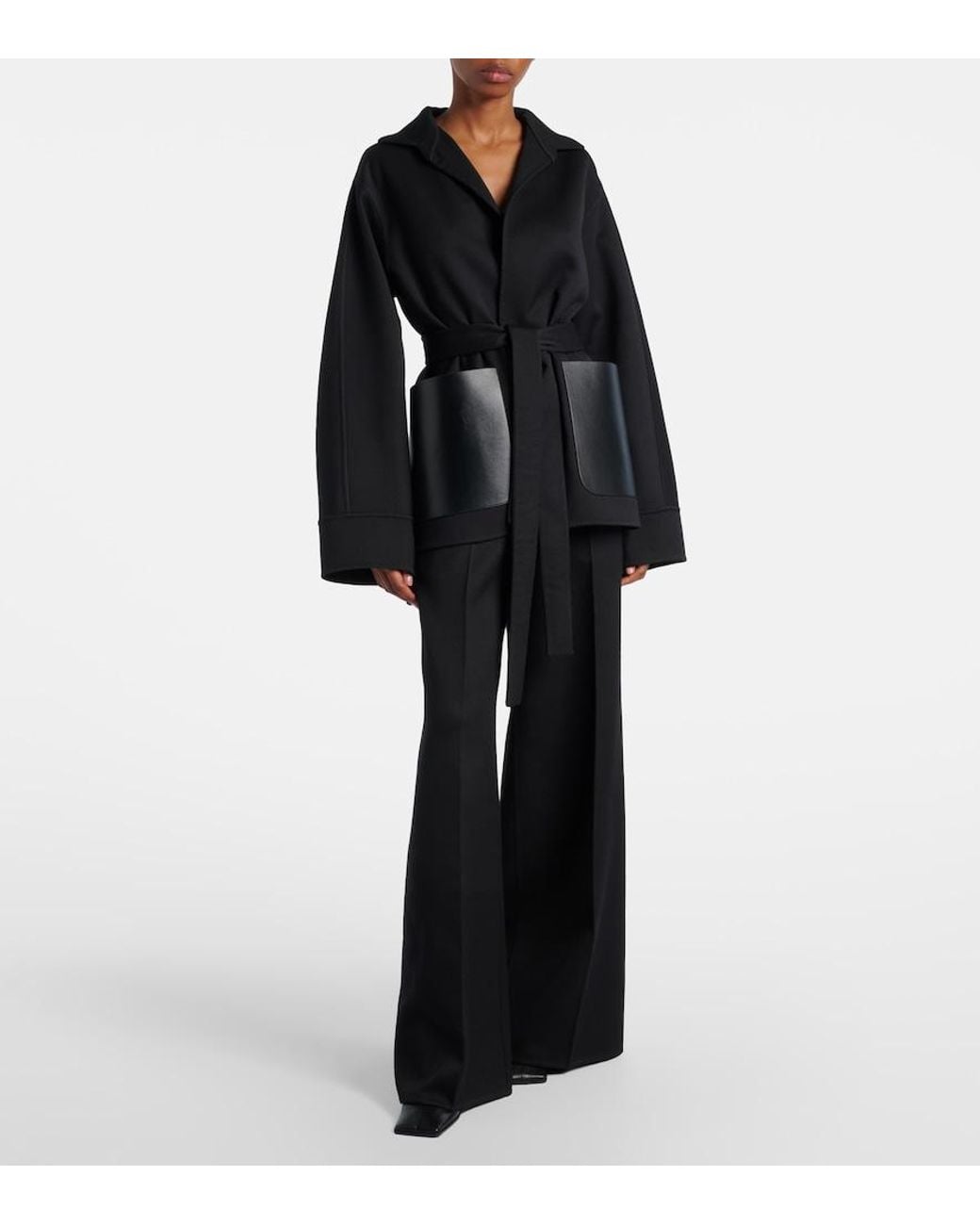 Alaïa Black Leather-Trimmed Virgin Wool Wide-Leg Pants