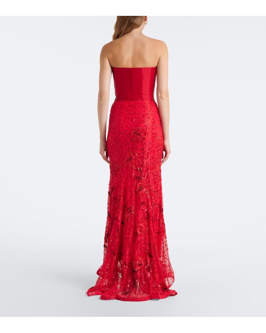 La Fuori Red Embellished Lace Bustier Gown