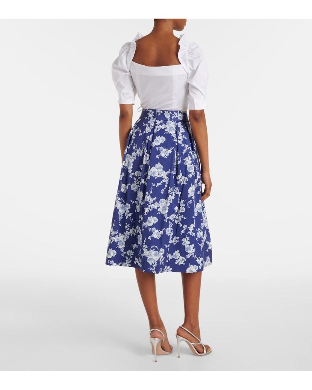Carolina Herrera Blue Floral Faille Midi Skirt