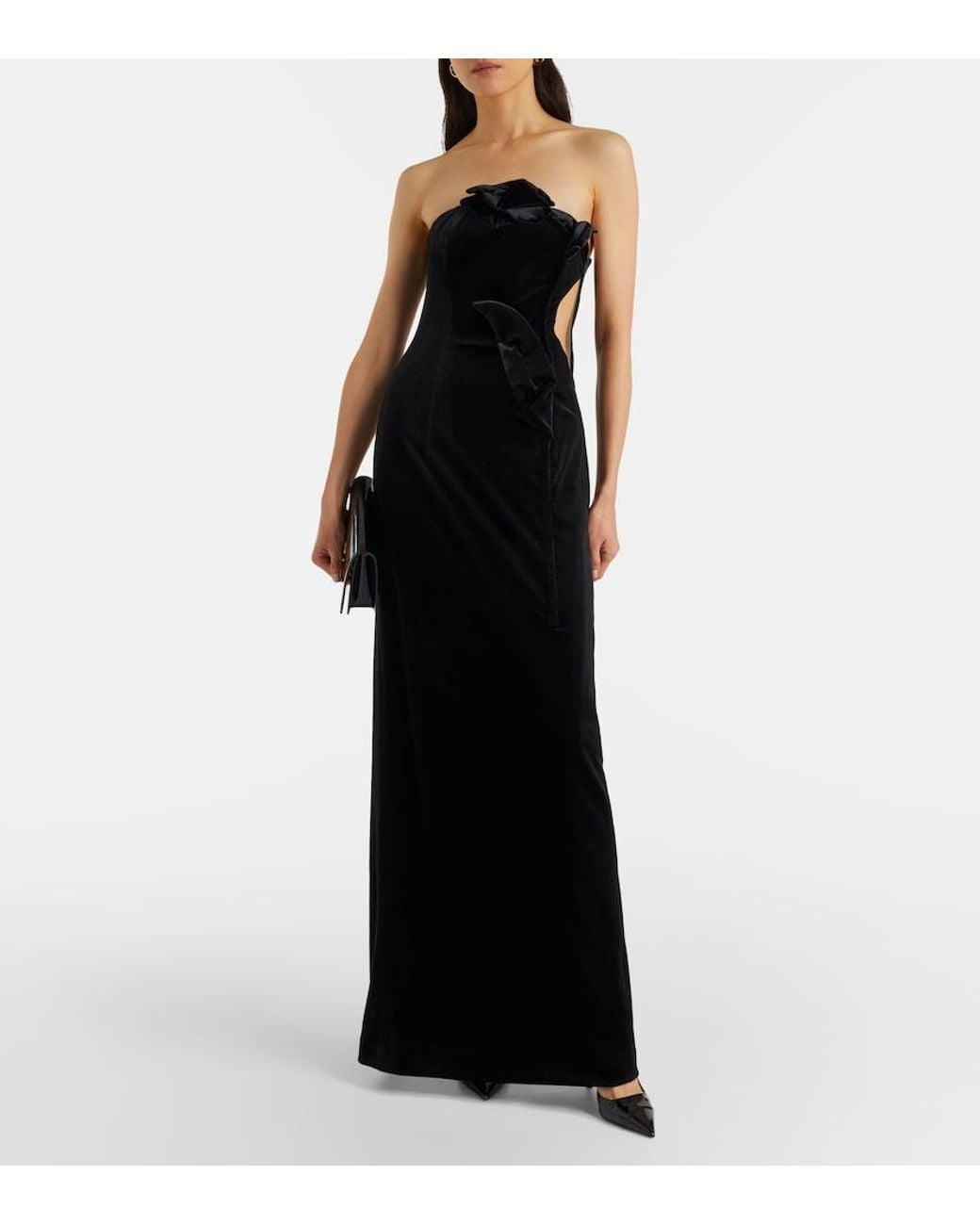 LEO LIN Black Marilyn Cutout Floral-Applique Velvet Gown