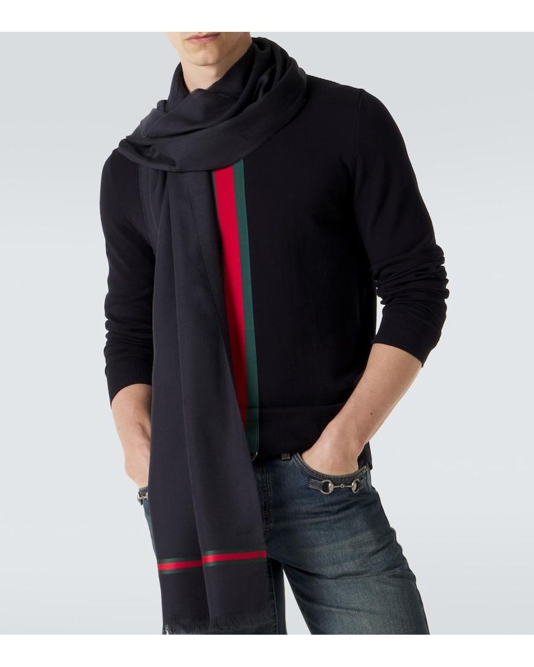 Gucci Black Web Stripe Wool And Silk Scarf for men