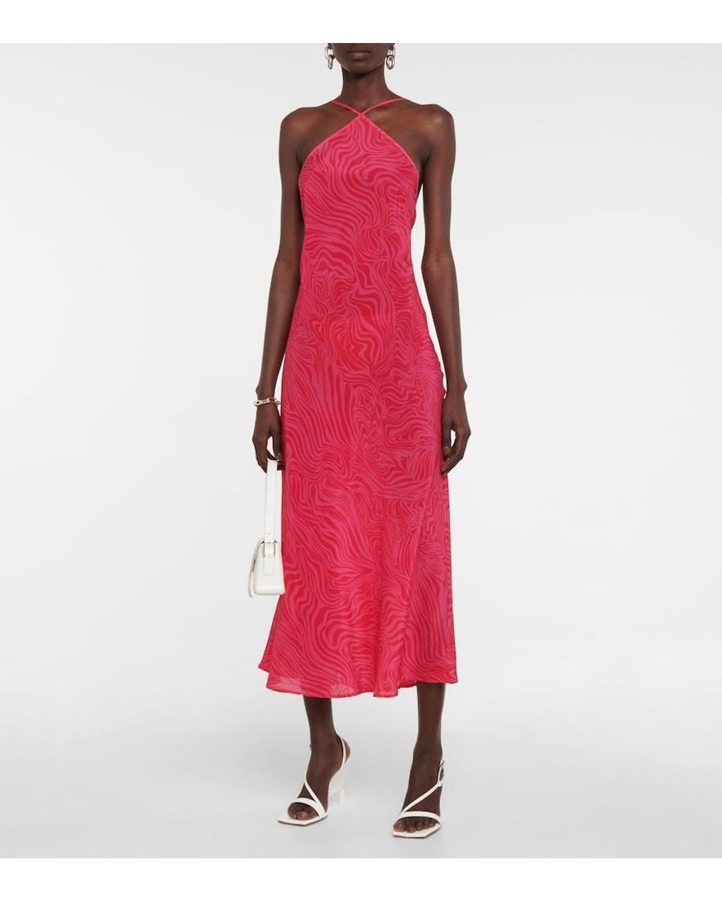 Rixo Pink Opal Silk Halterneck Midi Dress