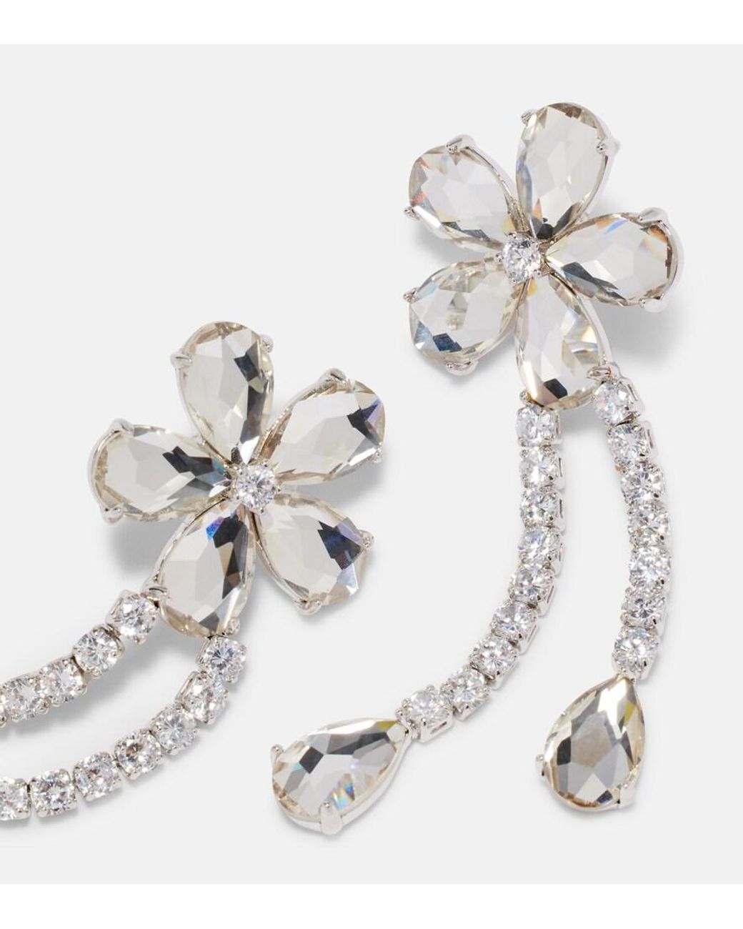 Self-Portrait White Crystal-Embellished Floral Drop Earrings