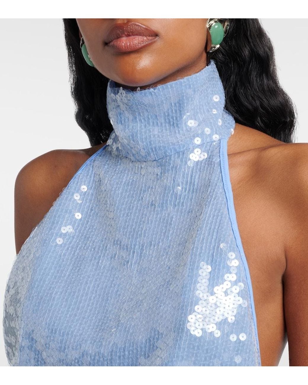 Oseree Blue Sequined Halterneck Crop Top
