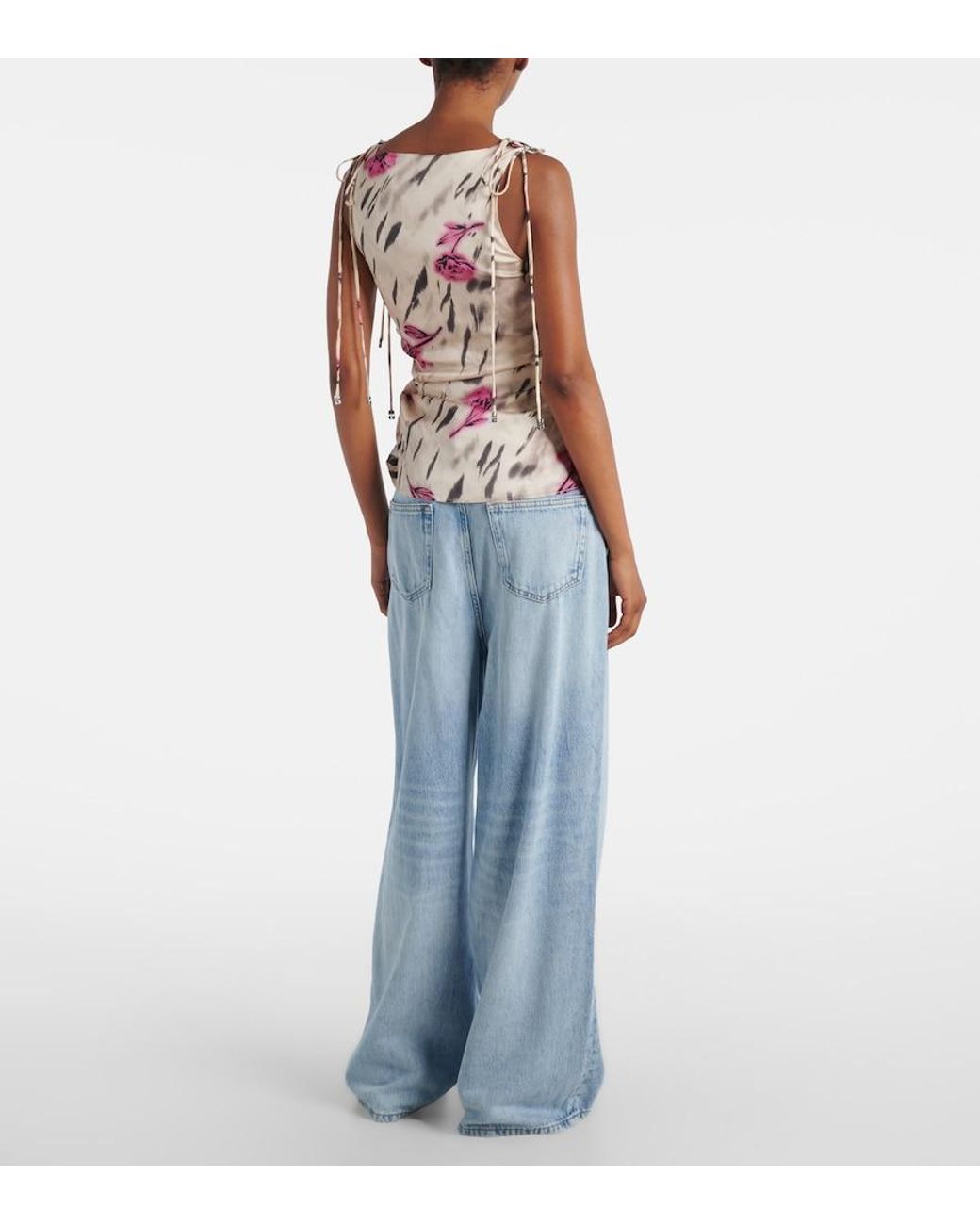 Ganni Floral Ruched Satin Top in Natural | Lyst