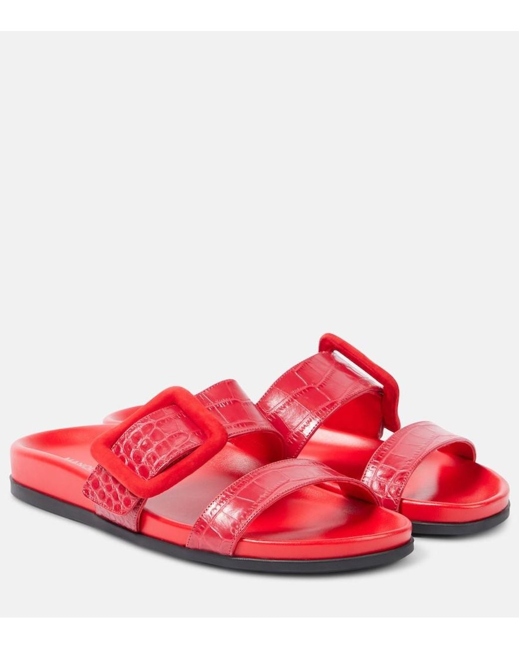 Manolo Blahnik Red Mayfu Croc-Effect Leather Sandals