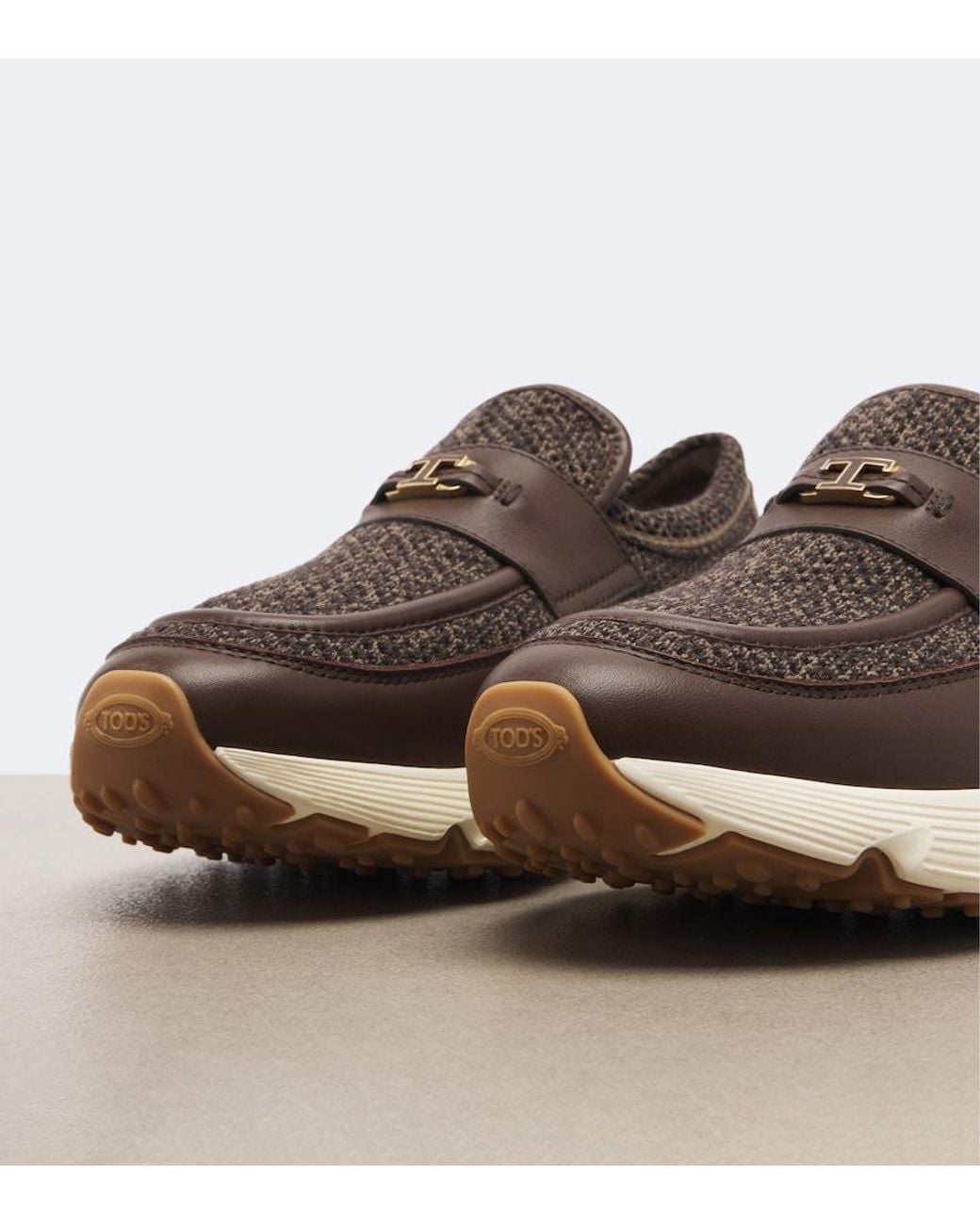Tod's Brown Leather-Trimmed Knitted Slip-On Shoes
