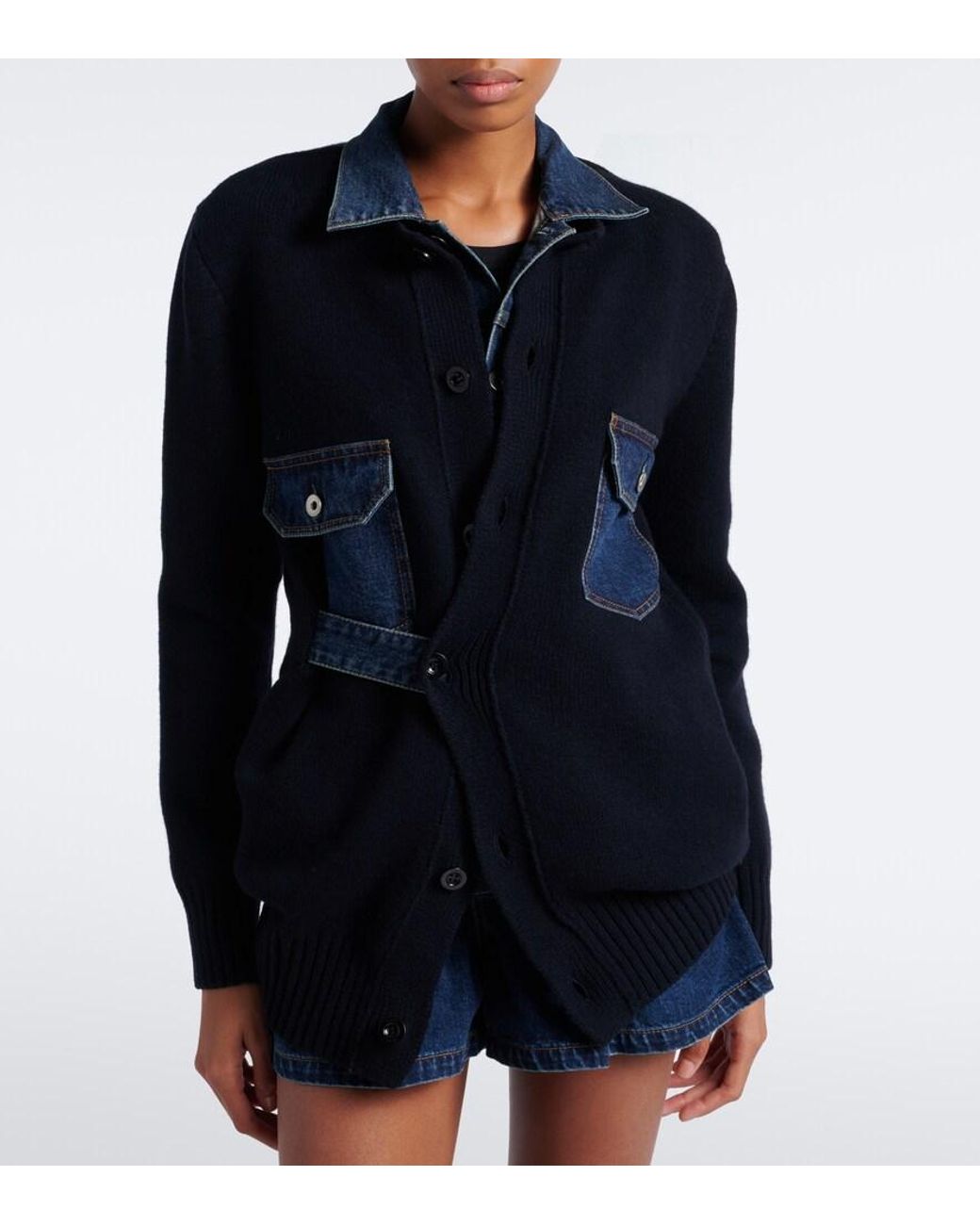 Sacai Blue Layered Wool-Blend And Denim Cardigan