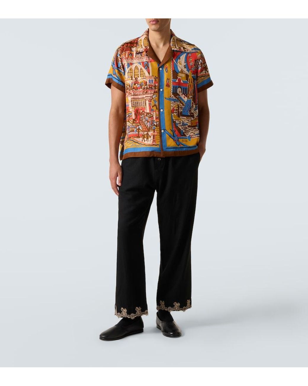 Bode Orange Manhattan Island Printed Silk Bowling Shirt for men