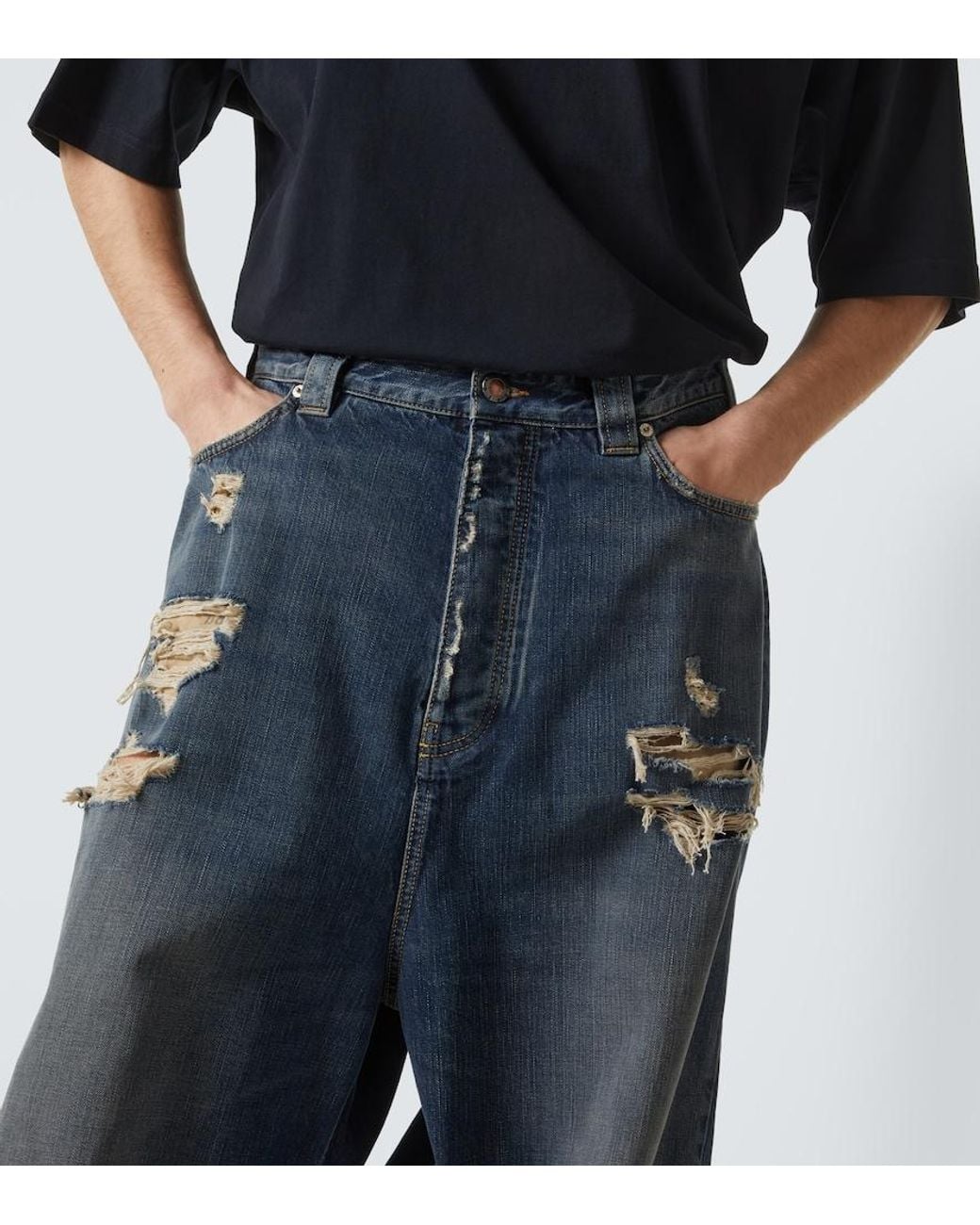 Balenciaga Blue Distressed Mid-Rise Wide-Leg Jeans for men