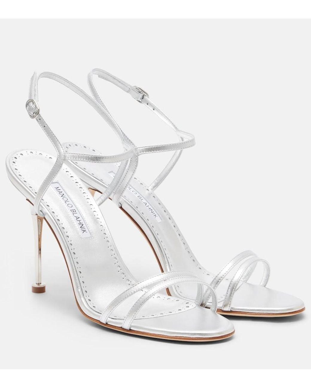 Manolo Blahnik White Ciagapla 105 Metallic Leather Sandals