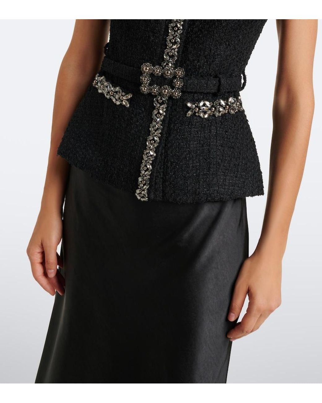 Self-Portrait Black Belted Embellished Boucle And Satin Midi Dress